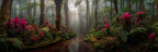 Tropischer Regenwald Mit Vibranten Rosa Und Lila Blumen Mystischem Nebel Und Einem Bach | Insekten und Amphibien | Tiere