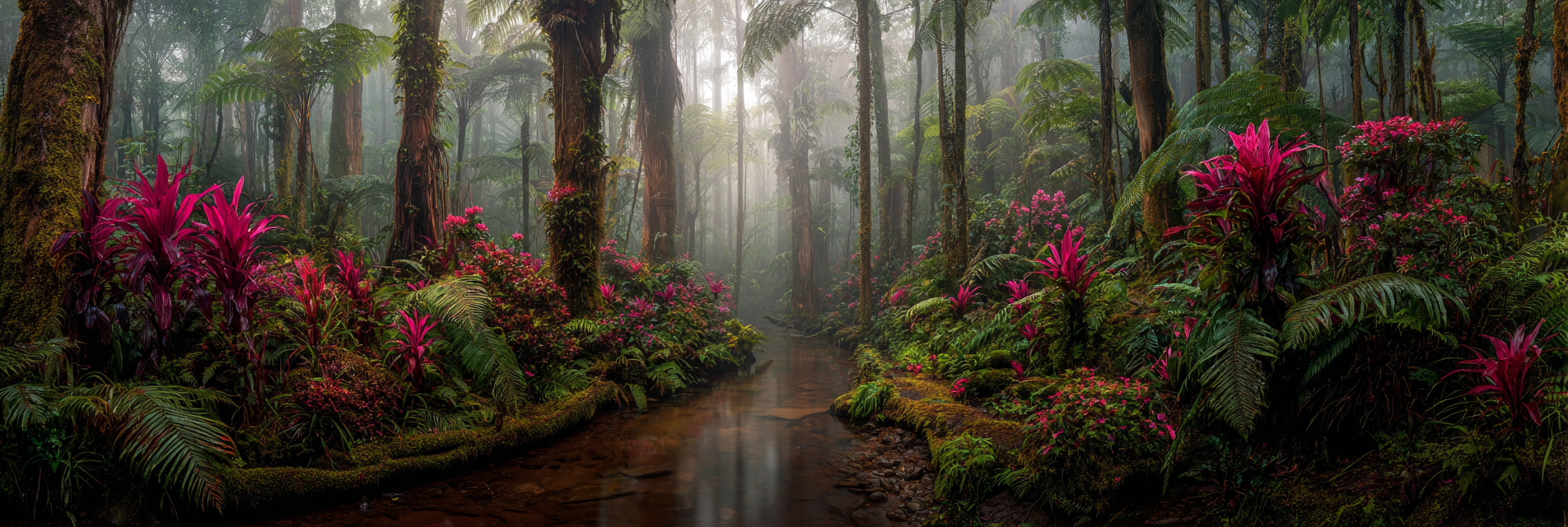 Tropischer Regenwald Mit Vibranten Rosa Und Lila Blumen Mystischem Nebel Und Einem Bach | Insekten und Amphibien | Tiere