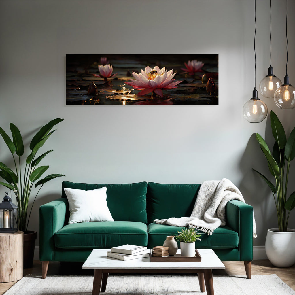 Wasserlandschaft Mit Rosafarbener Seerose Und Biene
