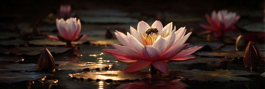 Wasserlandschaft Mit Rosafarbener Seerose Und Biene | Insekten und Amphibien | Tiere