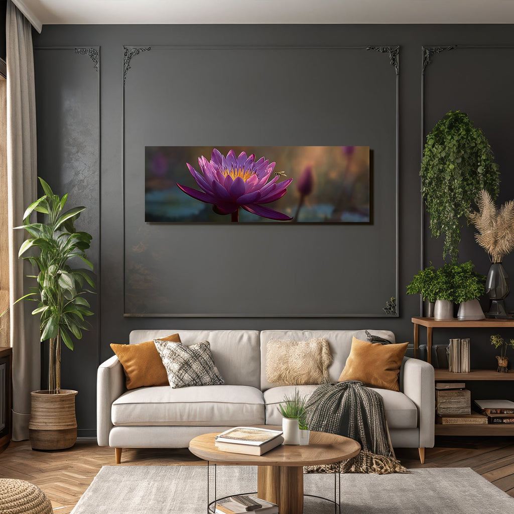 Water lily Violet petals Golden stamens Bee