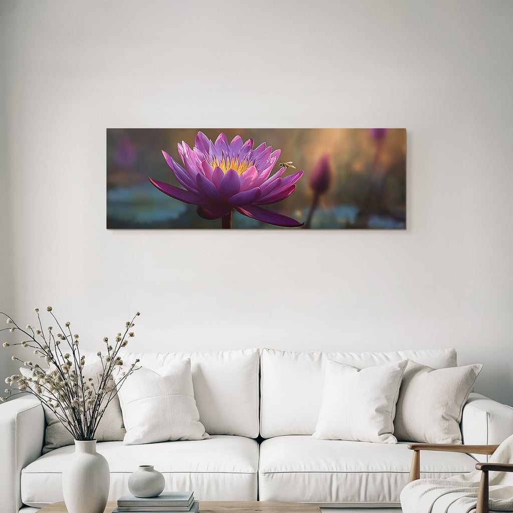 Water lily Violet petals Golden stamens Bee