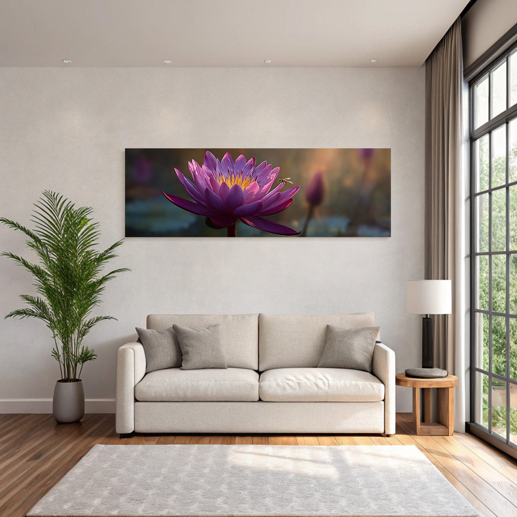 Water lily Violet petals Golden stamens Bee