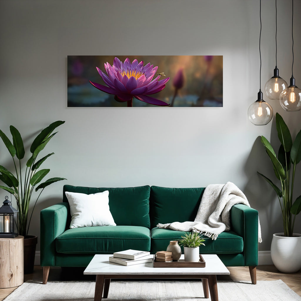 Water lily Violet petals Golden stamens Bee