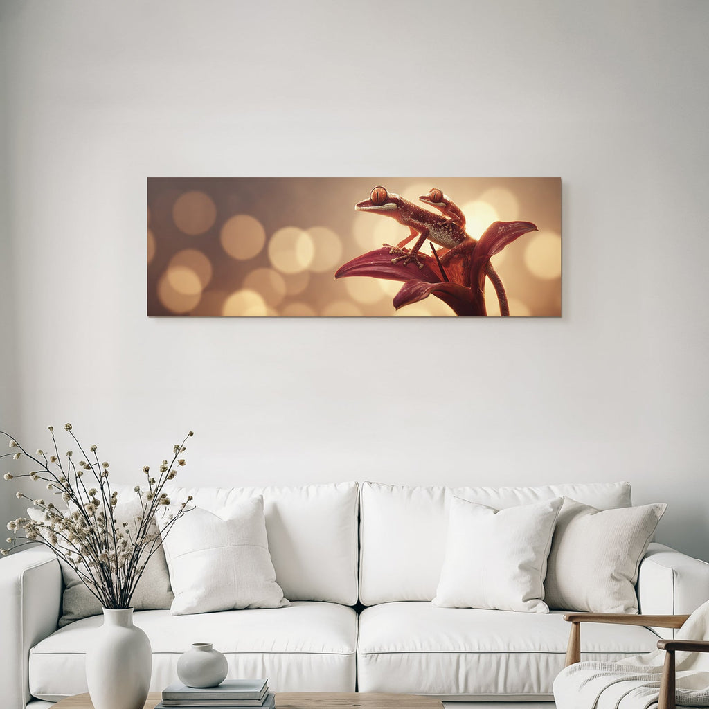 Zwei Geckos Auf Einer Lebendigen Blume Mit Warmen Bokeh Lichtern