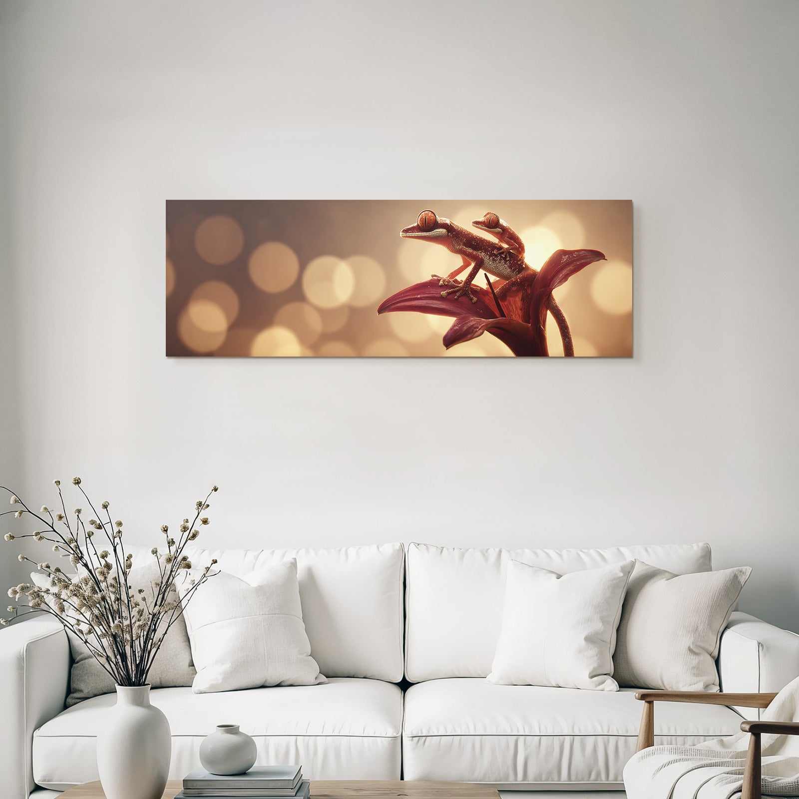Zwei Geckos Auf Einer Lebendigen Blume Mit Warmen Bokeh Lichtern