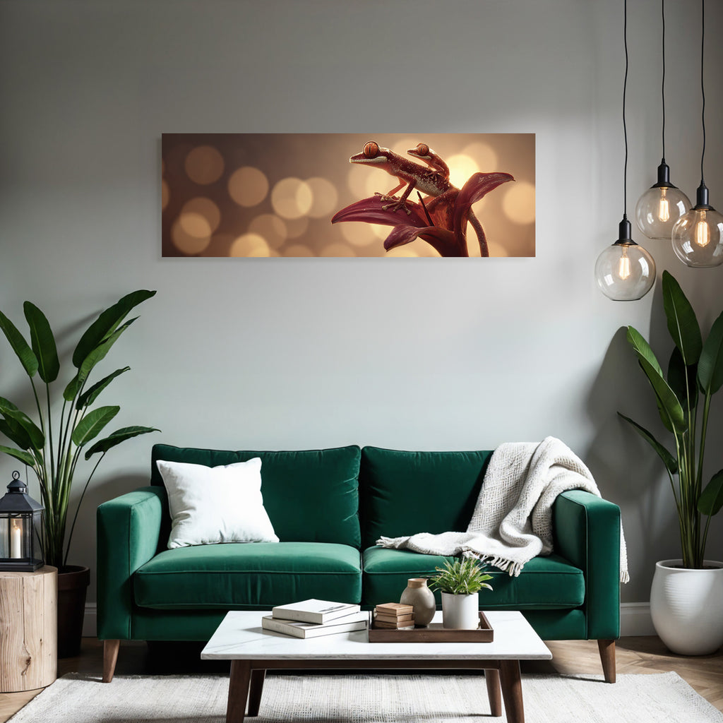 Zwei Geckos Auf Einer Lebendigen Blume Mit Warmen Bokeh Lichtern