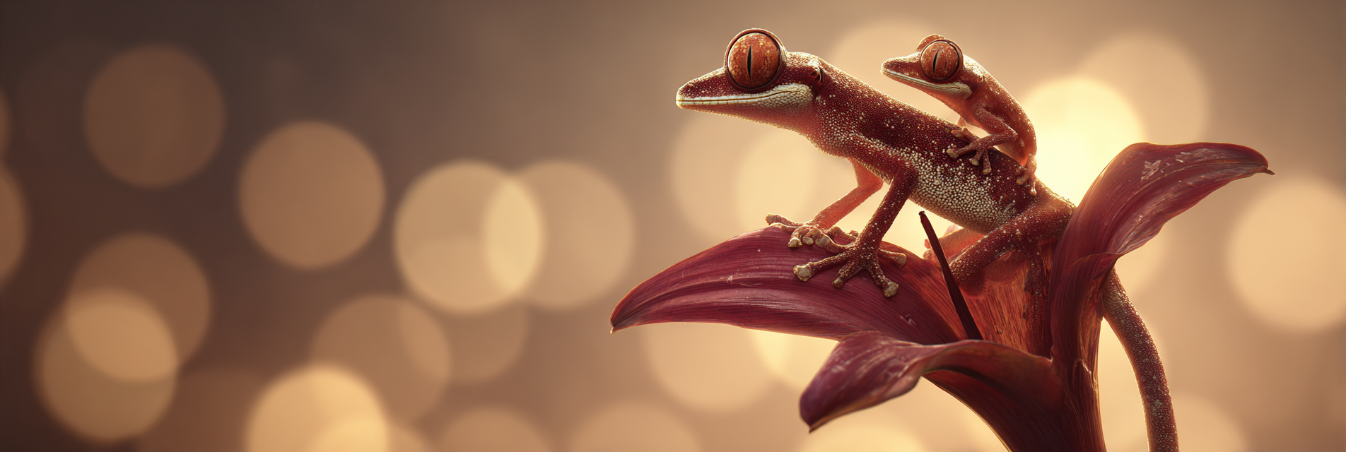Zwei Geckos Auf Einer Lebendigen Blume Mit Warmen Bokeh Lichtern | Insekten und Amphibien | Tiere