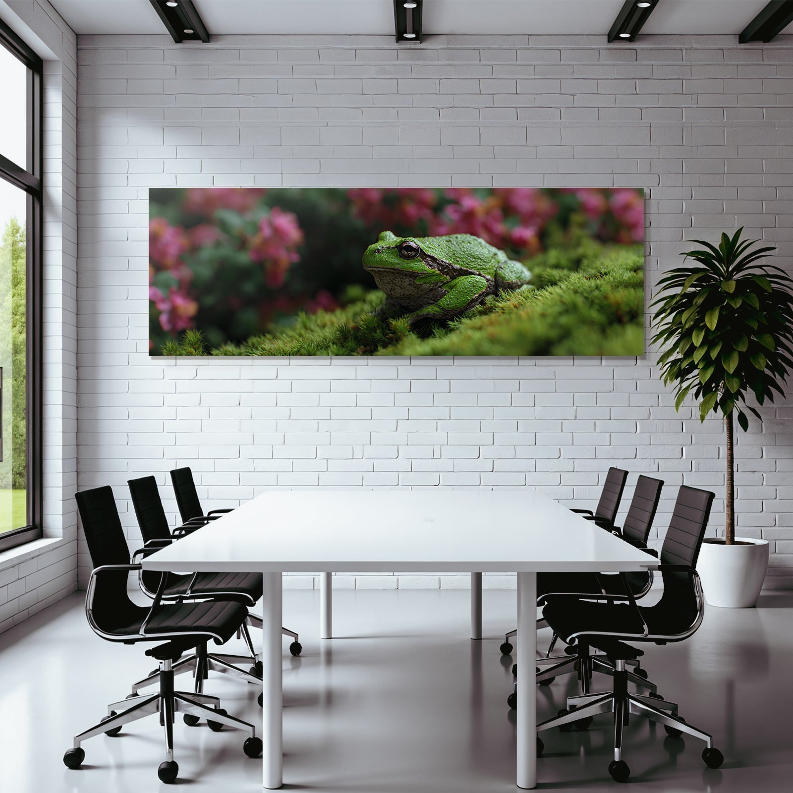 Nahaufnahme Eines Grünen Frosches Auf Moos Mit Verblasstem Rosa Blumenhintergrund