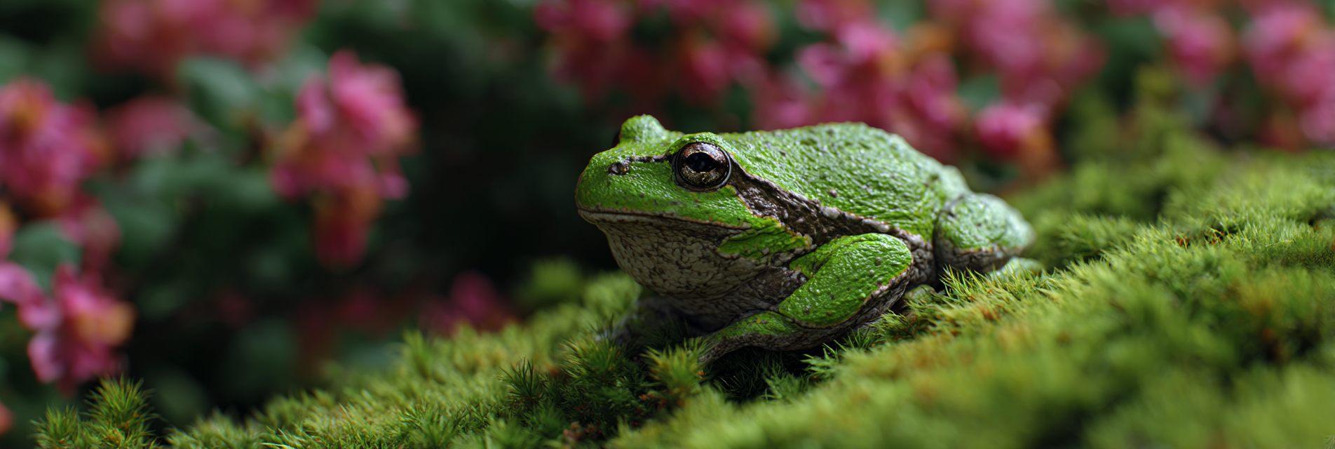 Nahaufnahme Eines Grünen Frosches Auf Moos Mit Verblasstem Rosa Blumenhintergrund | Insekten und Amphibien | Tiere