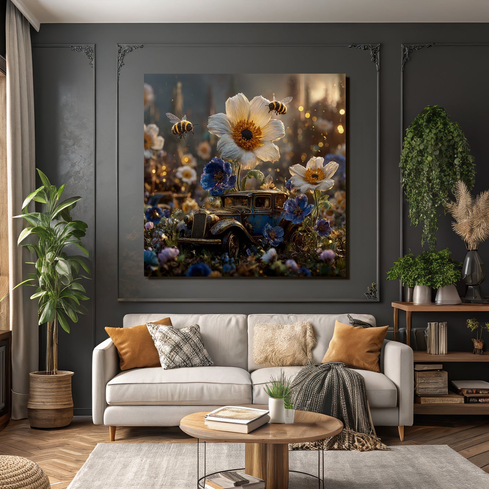 Altes Rostiges Auto Umgeben Von Blumen Und Bienen Nostalgischer Charme