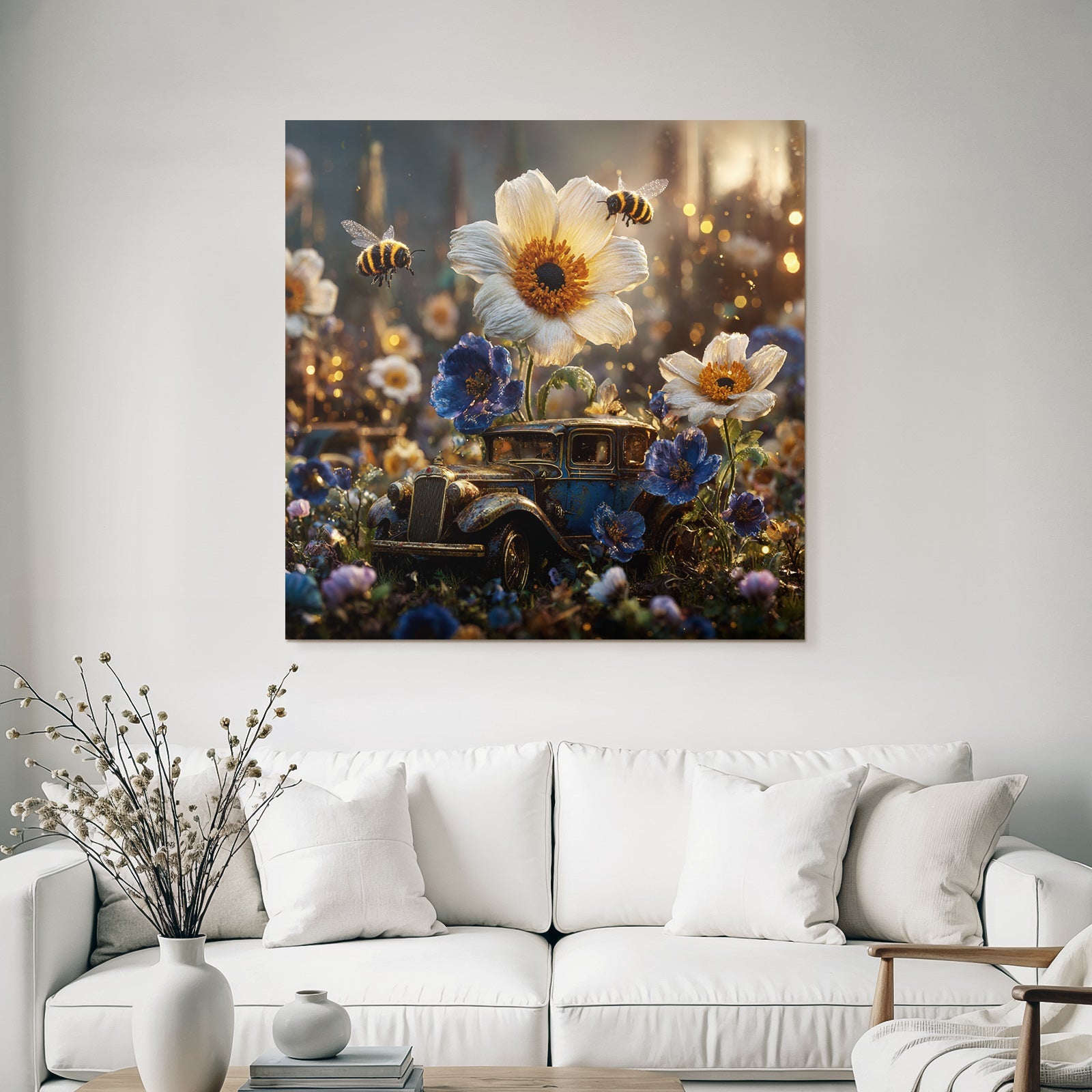 Altes Rostiges Auto Umgeben Von Blumen Und Bienen Nostalgischer Charme