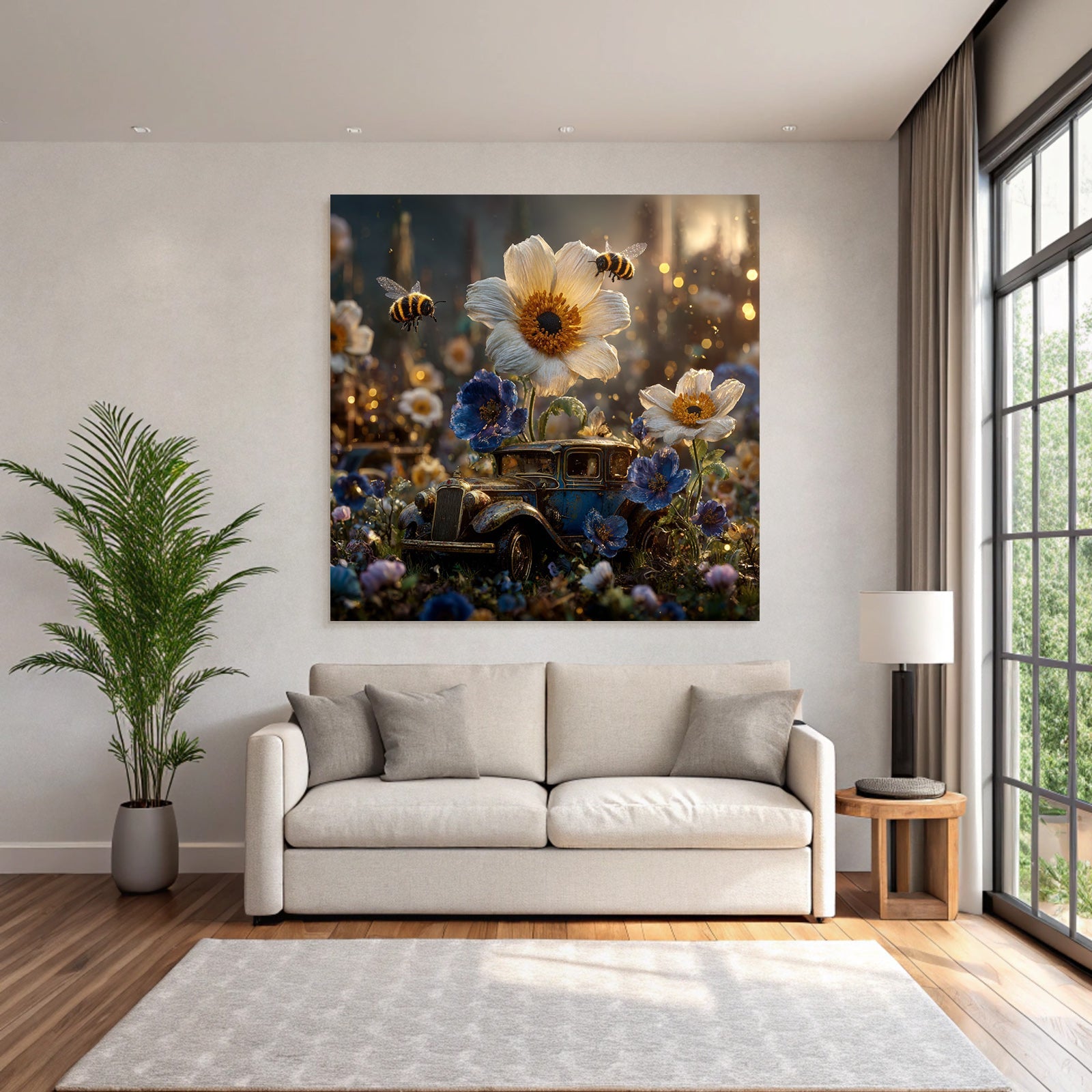 Altes Rostiges Auto Umgeben Von Blumen Und Bienen Nostalgischer Charme