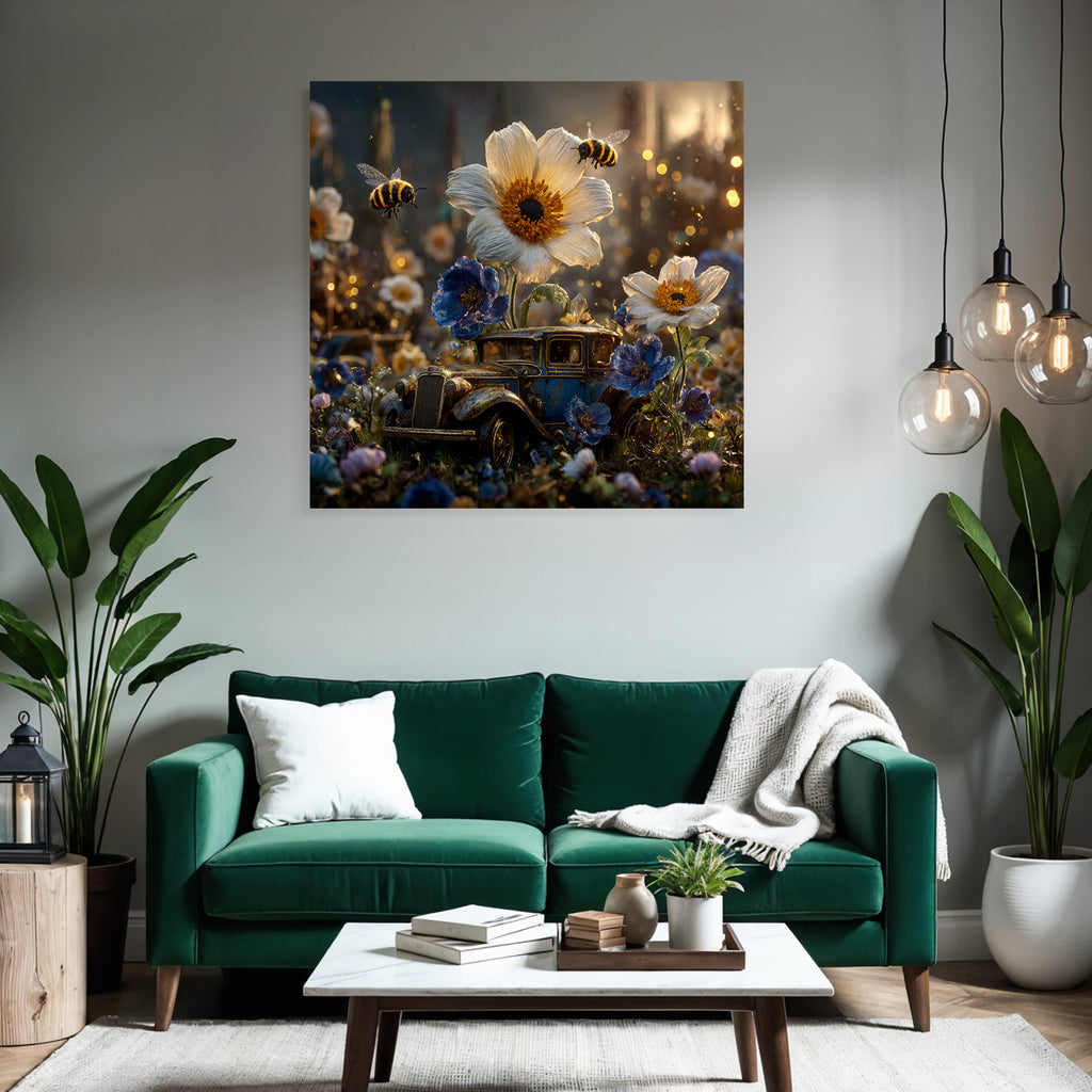 Altes Rostiges Auto Umgeben Von Blumen Und Bienen Nostalgischer Charme
