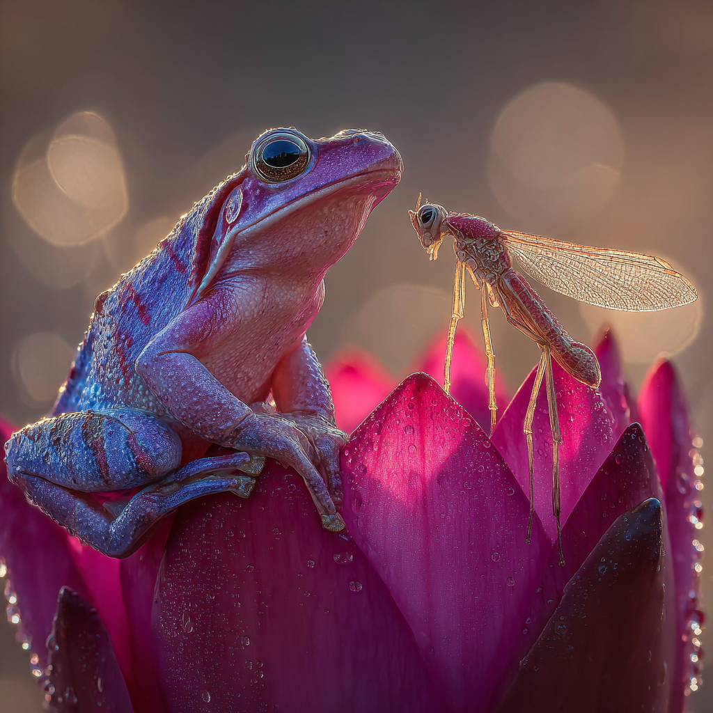 Bunter Frosch Auf Rosafarbenem Blütenblatt Mit Zartem Insekt Und Wassertropfen | Insekten und Amphibien | Tiere