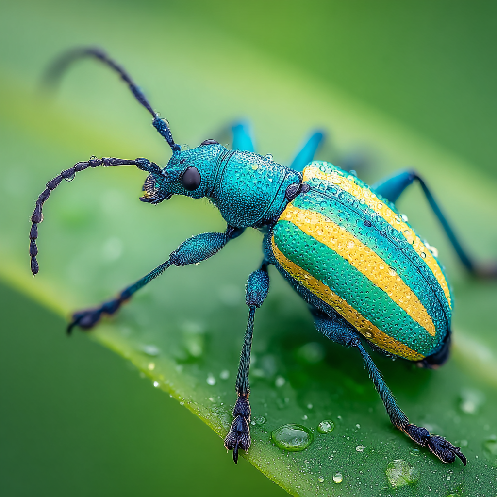 Bunter Käfer Auf Grünem Blatt Mit Tautropfen | Insekten und Amphibien | Tiere
