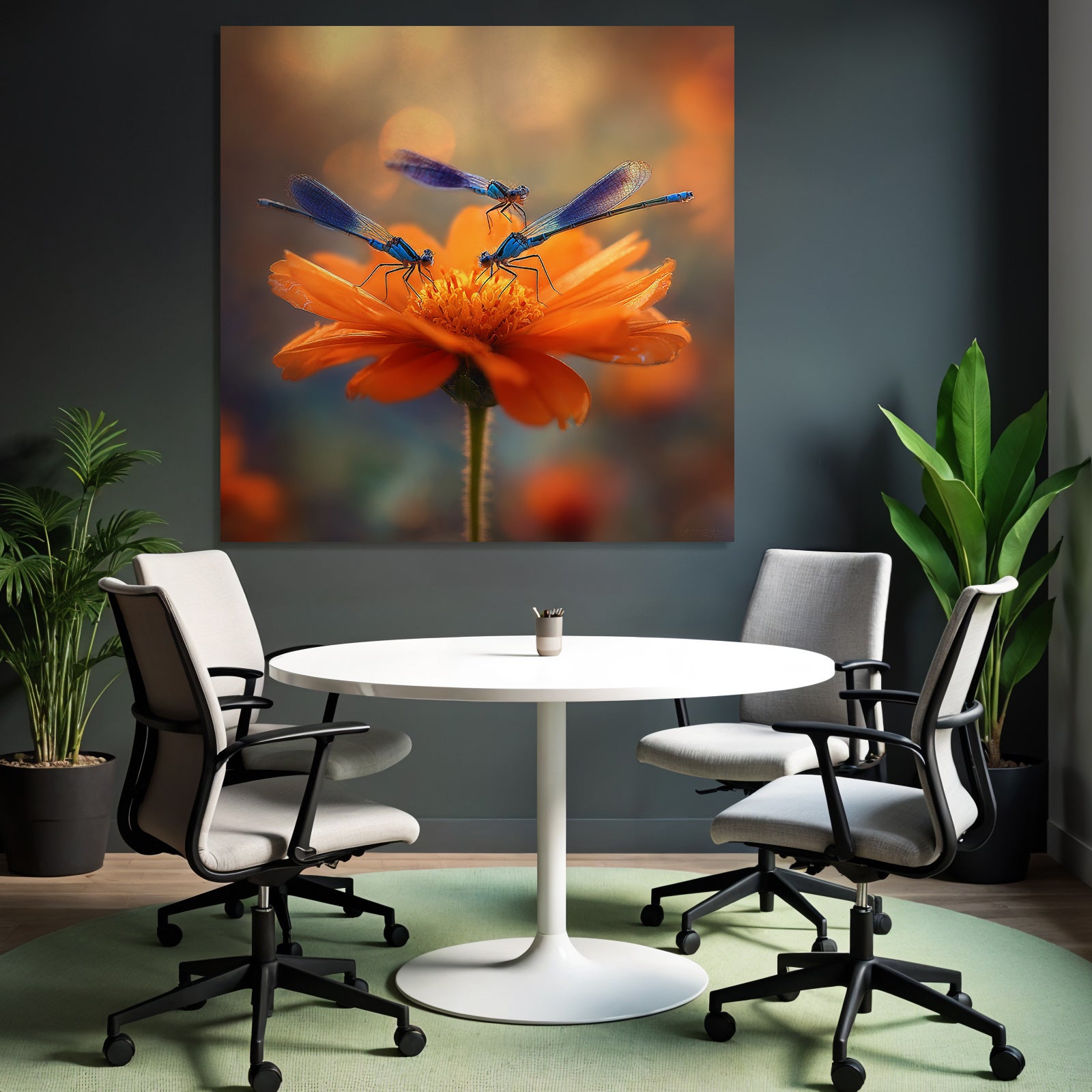 Drei Blaü Libellen Auf Einer Orangenblume