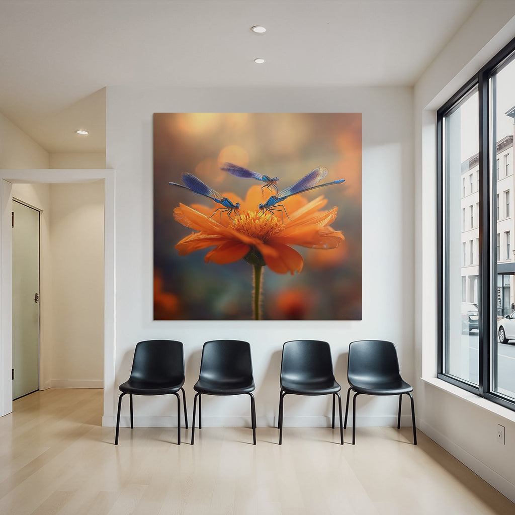 Drei Blaü Libellen Auf Einer Orangenblume