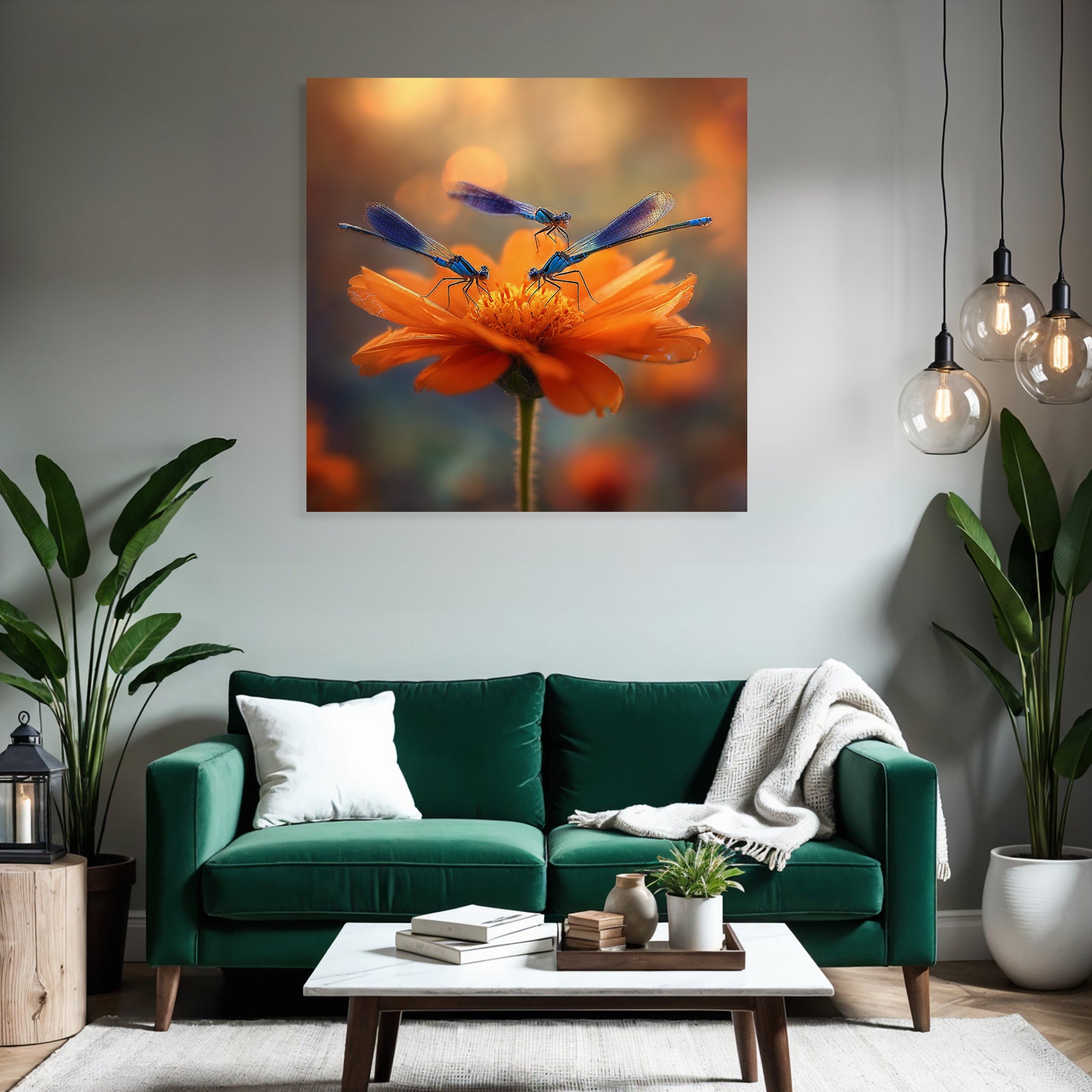 Drei Blaü Libellen Auf Einer Orangenblume