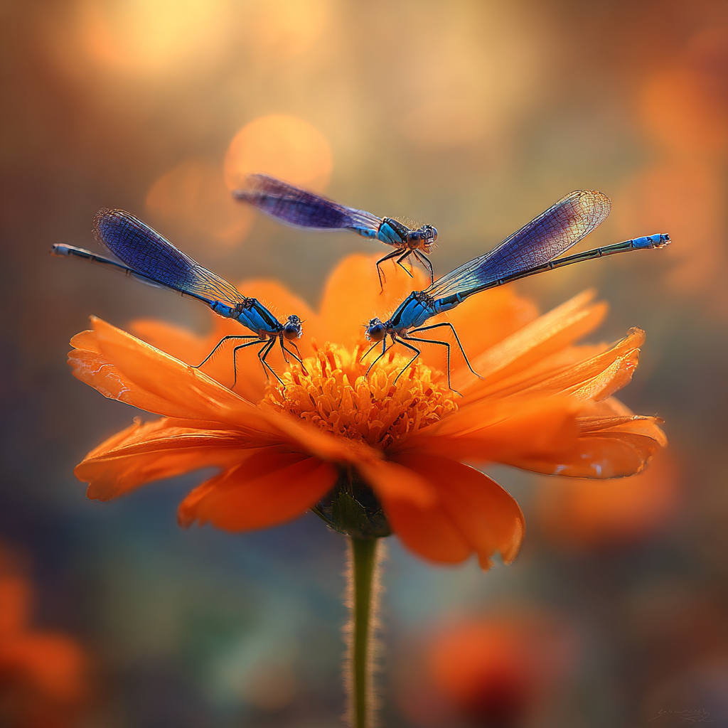 Drei Blaü Libellen Auf Einer Orangenblume | Insekten und Amphibien | Tiere