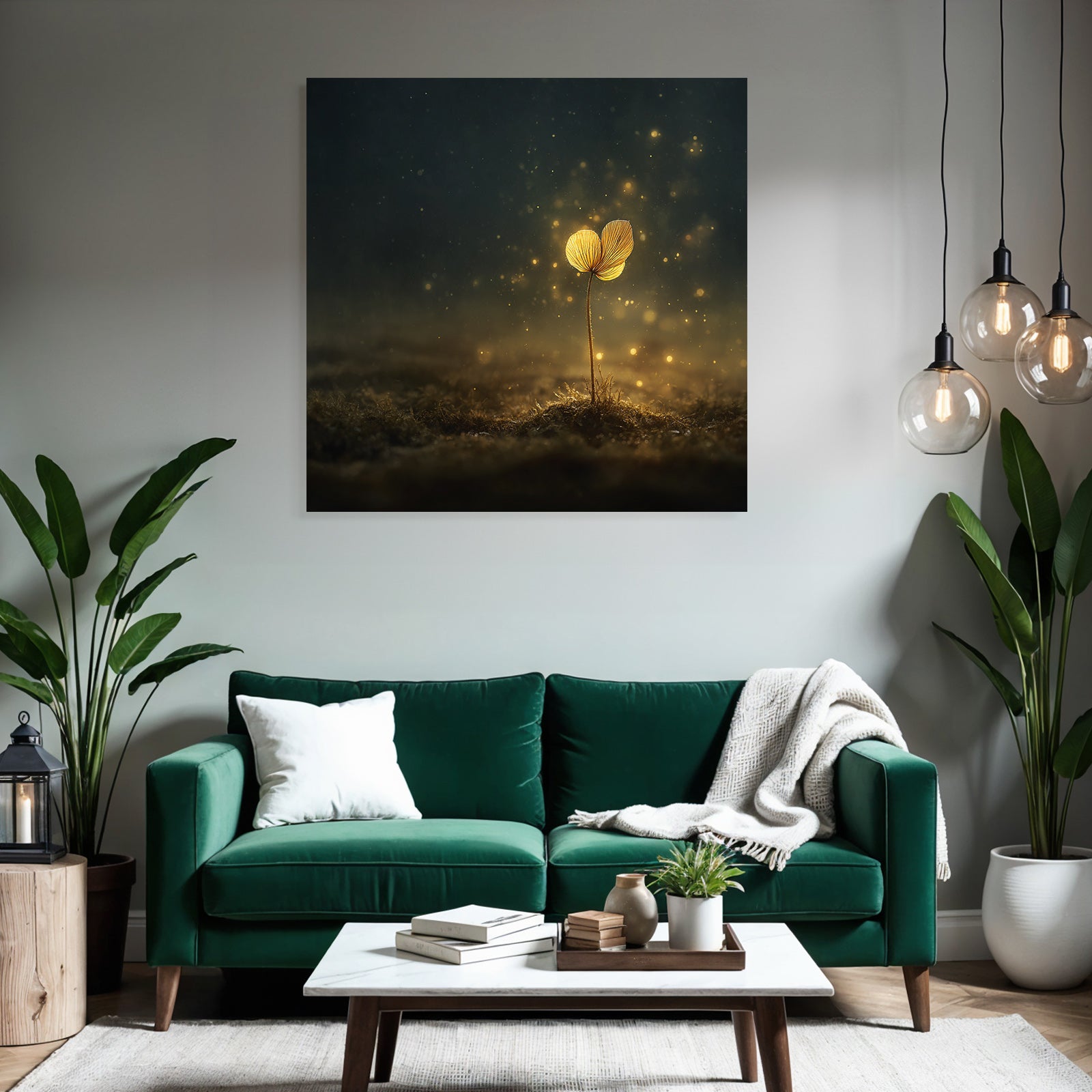 Eine Einsame Blume Im Dunklen Hintergrund Mit Glühenden Teilchen