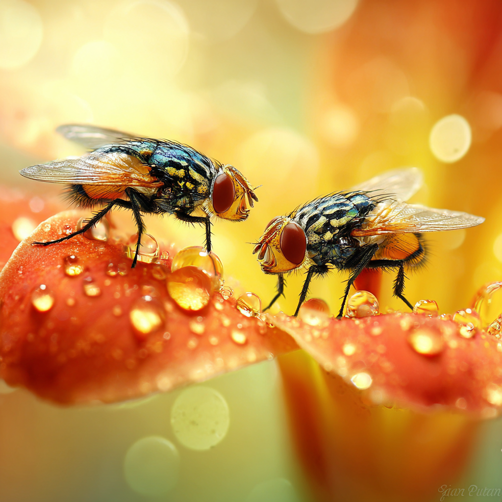 Fliegen Auf Blütenblatt Mit Wassertropfen Nahaufnahme | Insekten und Amphibien | Tiere