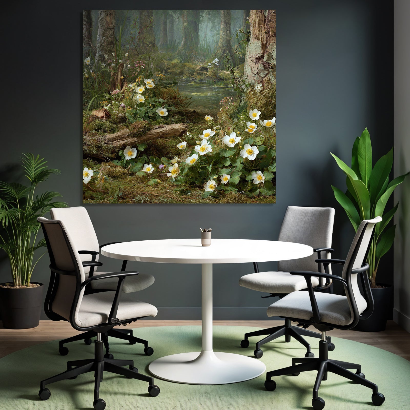 Friedlicher Wald Mit Weissen Blumen Mit Gelben Zentren Und Nebligem Wasser