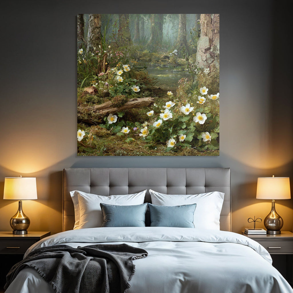 Friedlicher Wald Mit Weissen Blumen Mit Gelben Zentren Und Nebligem Wasser