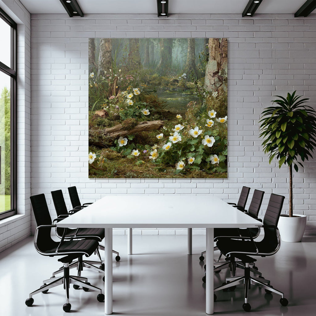 Friedlicher Wald Mit Weissen Blumen Mit Gelben Zentren Und Nebligem Wasser