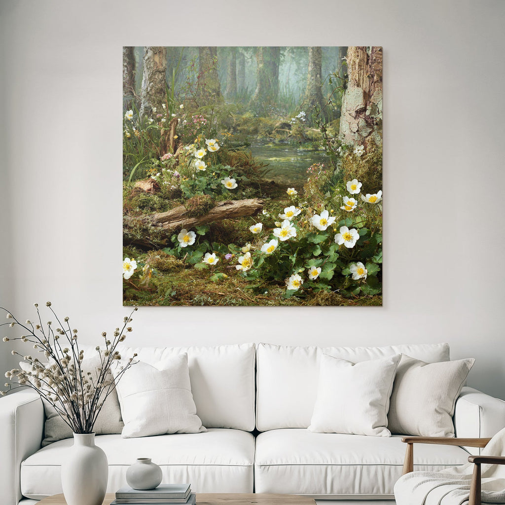Friedlicher Wald Mit Weissen Blumen Mit Gelben Zentren Und Nebligem Wasser