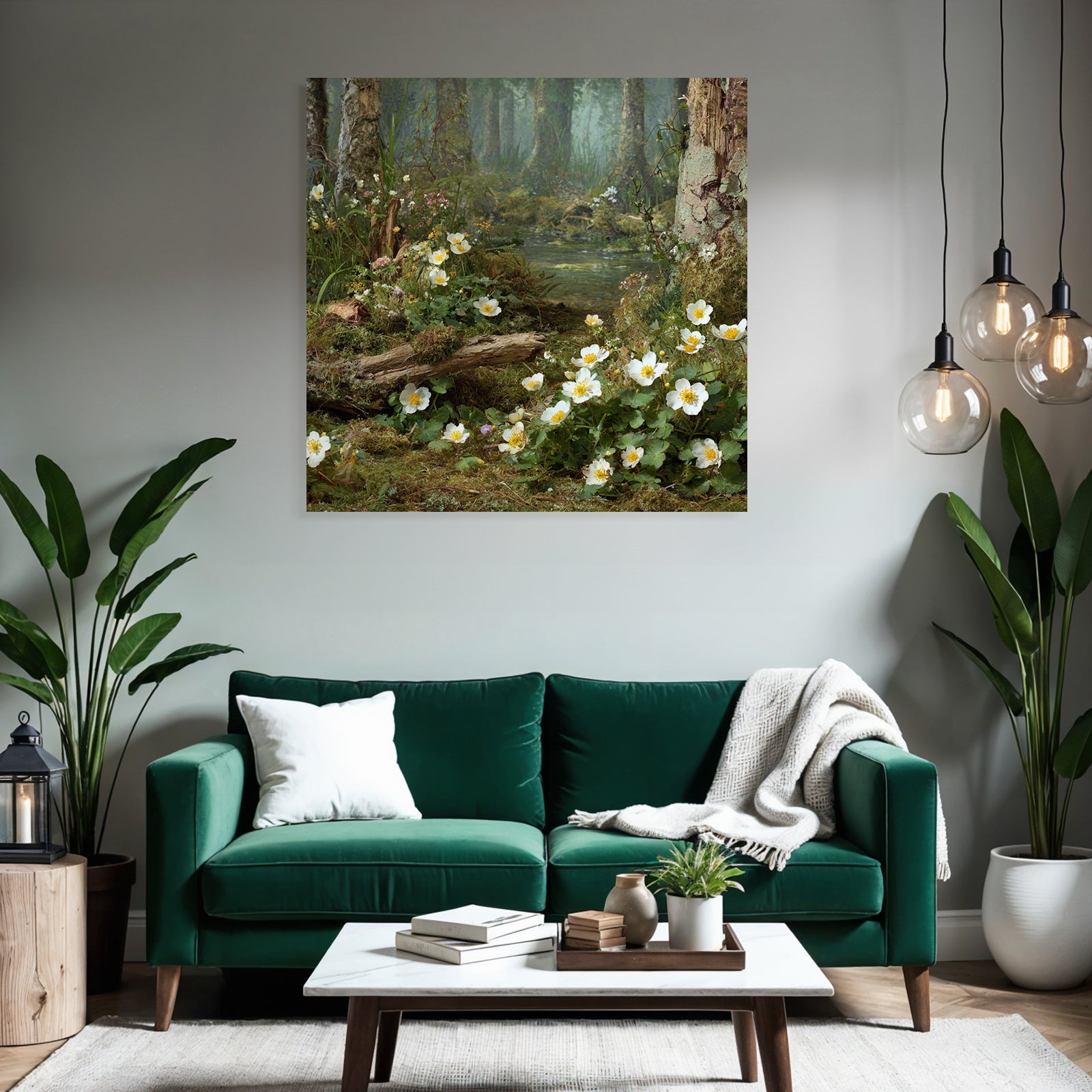 Friedlicher Wald Mit Weissen Blumen Mit Gelben Zentren Und Nebligem Wasser