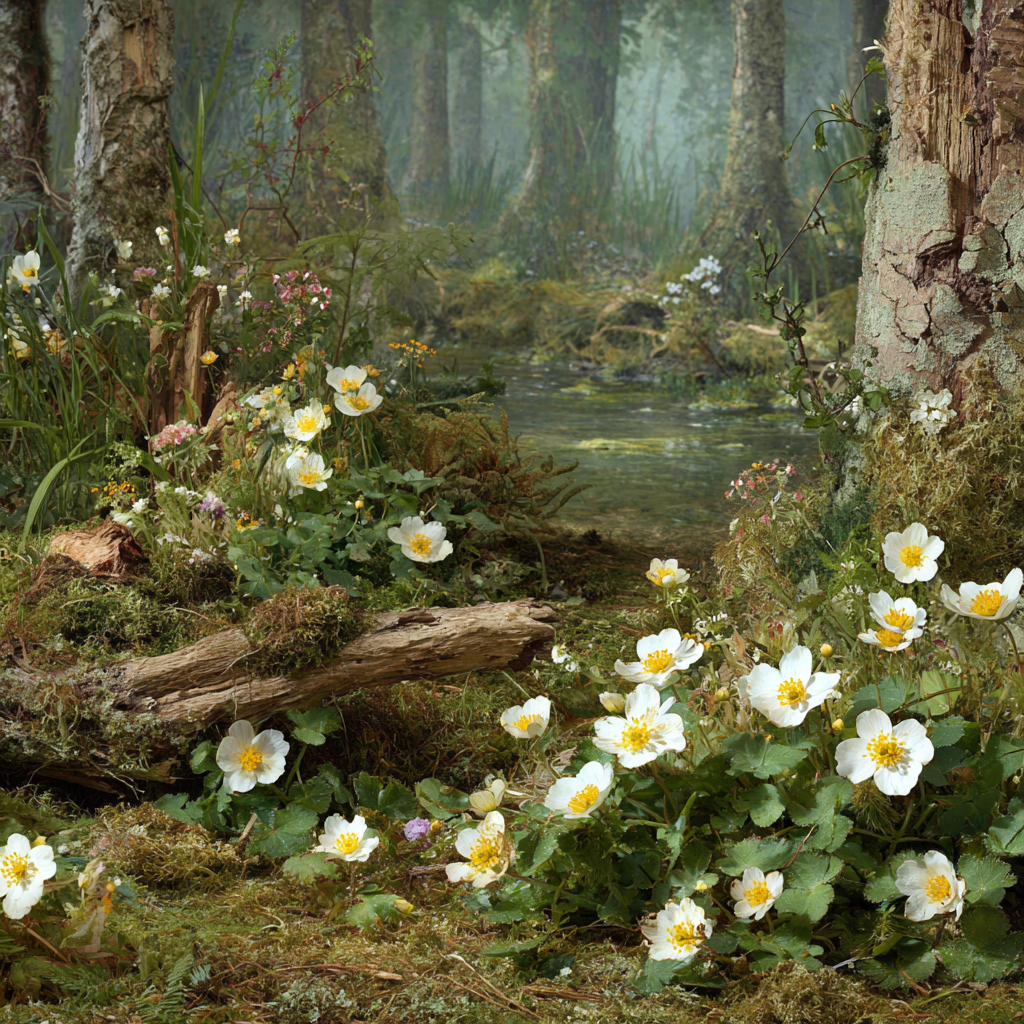 Friedlicher Wald Mit Weissen Blumen Mit Gelben Zentren Und Nebligem Wasser | Insekten und Amphibien | Tiere