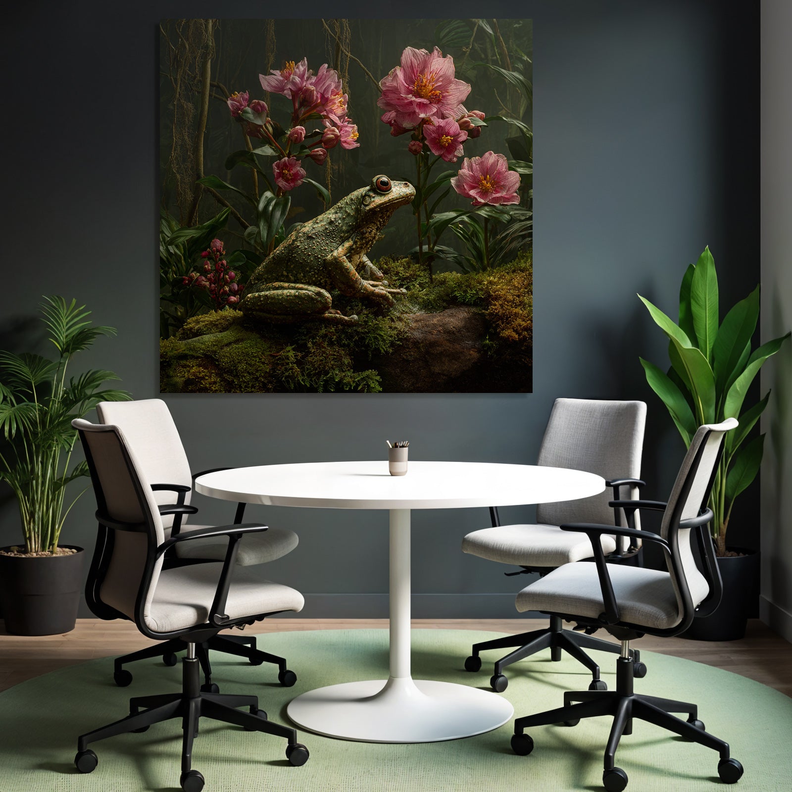 Frosch Auf Moos Mit Rosa Blumen Und Grünem Bewuchs