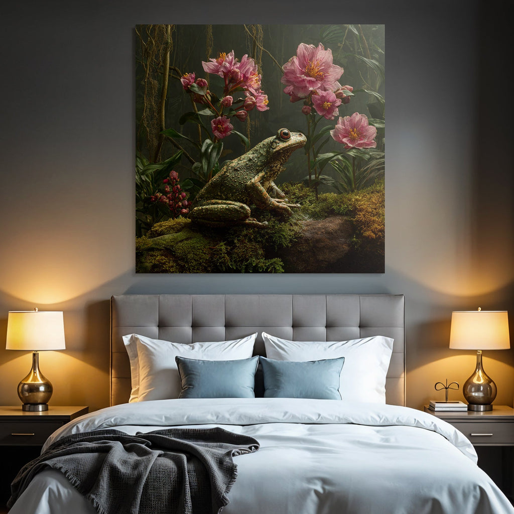 Frosch Auf Moos Mit Rosa Blumen Und Grünem Bewuchs