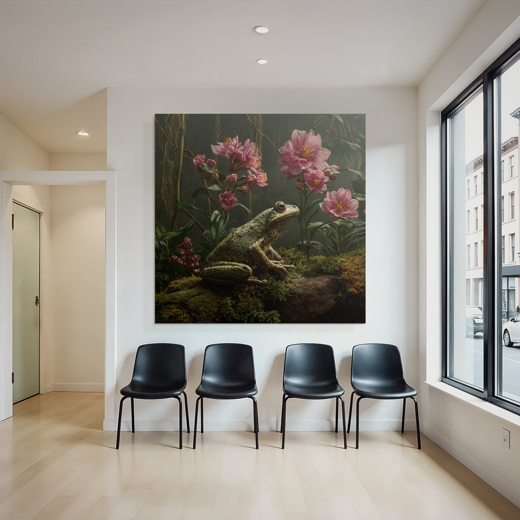 Frosch Auf Moos Mit Rosa Blumen Und Grünem Bewuchs