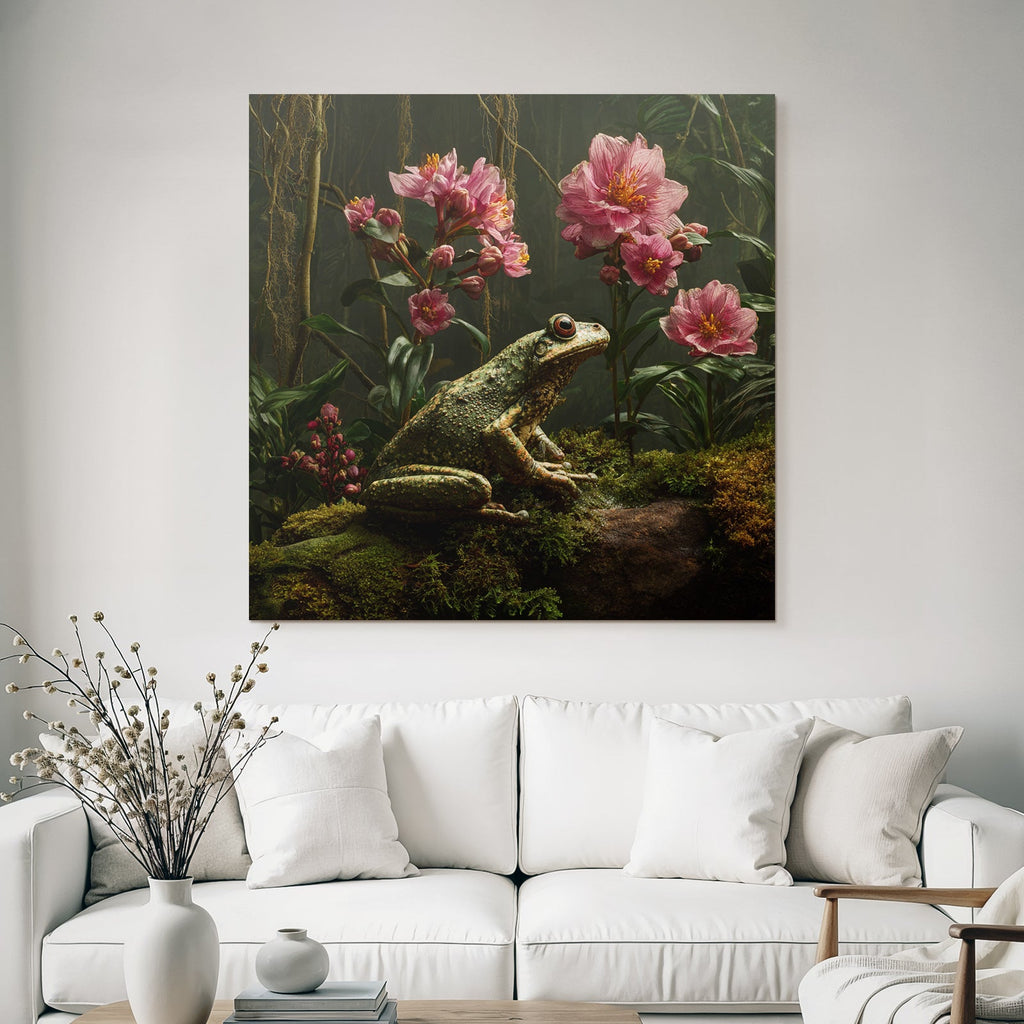 Frosch Auf Moos Mit Rosa Blumen Und Grünem Bewuchs