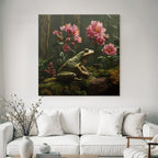Frosch Auf Moos Mit Rosa Blumen Und Grünem Bewuchs