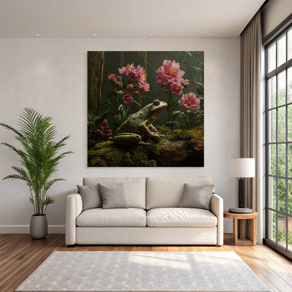 Frosch Auf Moos Mit Rosa Blumen Und Grünem Bewuchs