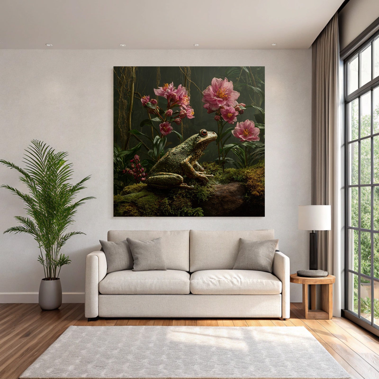 Frosch Auf Moos Mit Rosa Blumen Und Grünem Bewuchs