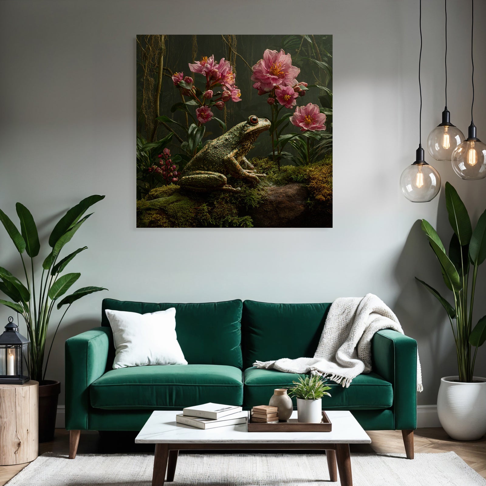 Frosch Auf Moos Mit Rosa Blumen Und Grünem Bewuchs