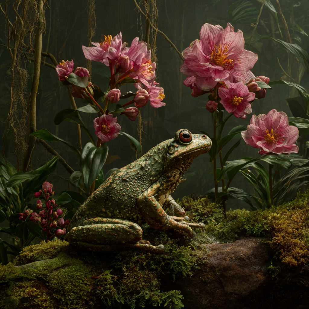 Frosch Auf Moos Mit Rosa Blumen Und Grünem Bewuchs | Insekten und Amphibien | Tiere