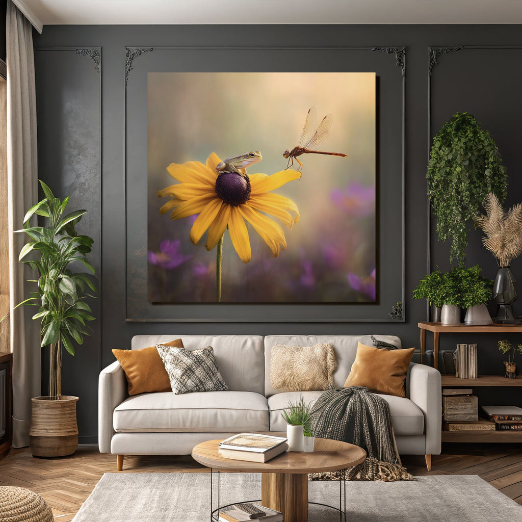 Frosch Auf Gelber Blume Mit Drachenfliege