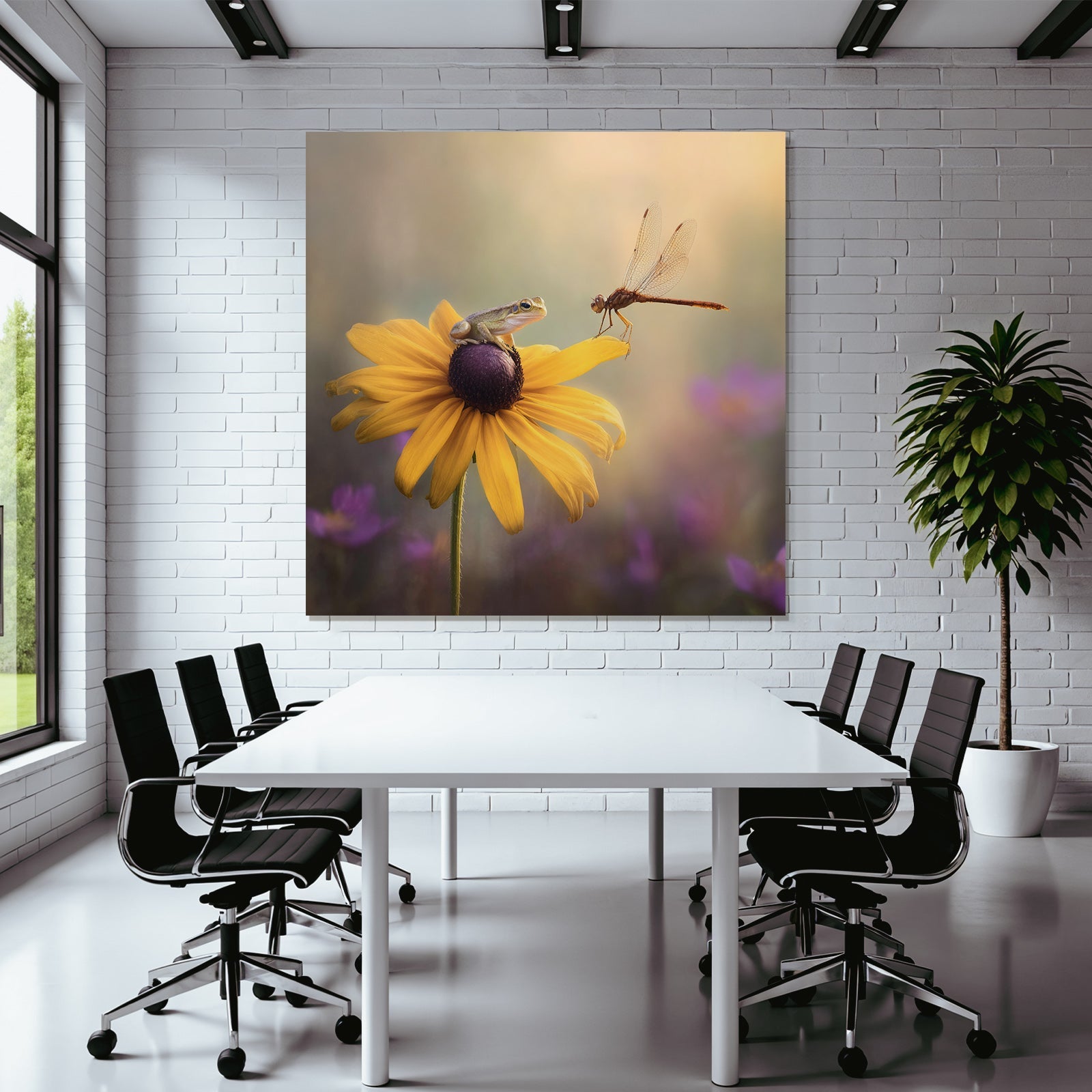 Frosch Auf Gelber Blume Mit Drachenfliege