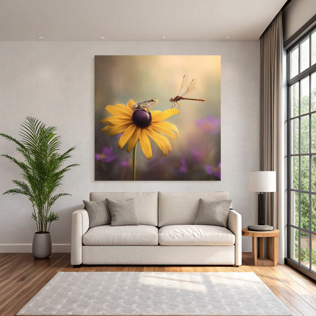 Frosch Auf Gelber Blume Mit Drachenfliege