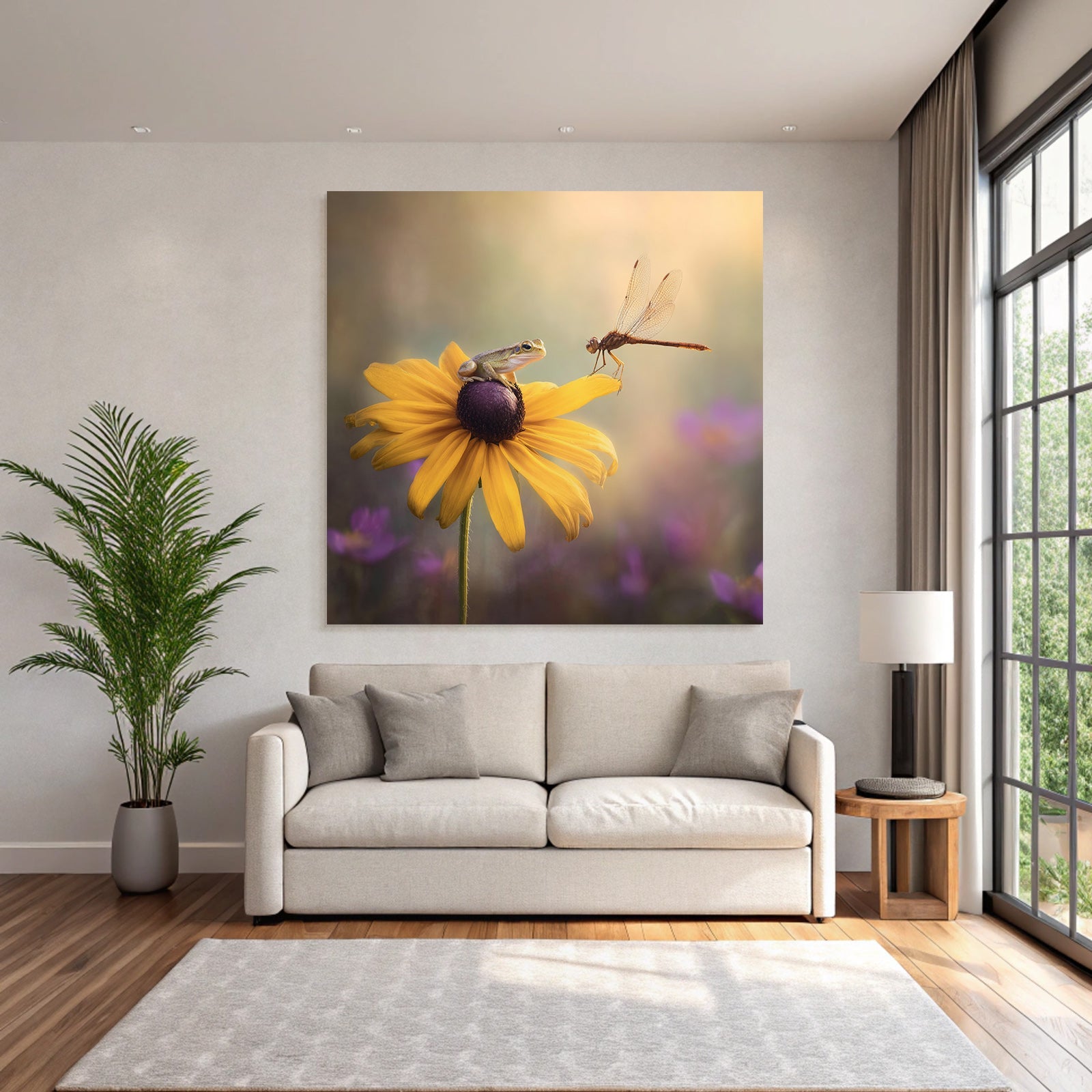 Frosch Auf Gelber Blume Mit Drachenfliege