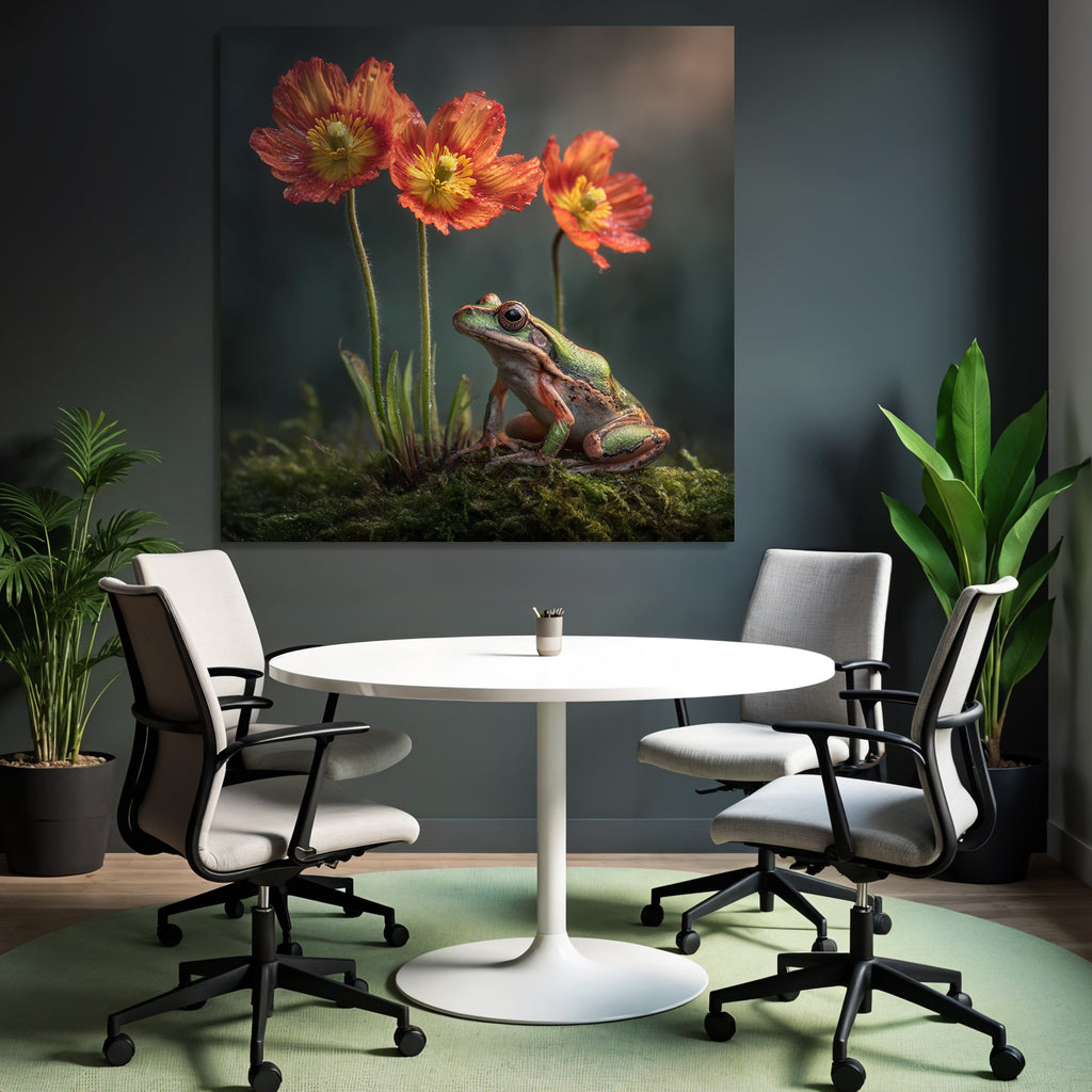 Frosch Auf Moos Neben Rot Gelben Blumen Mit Wassertropfen