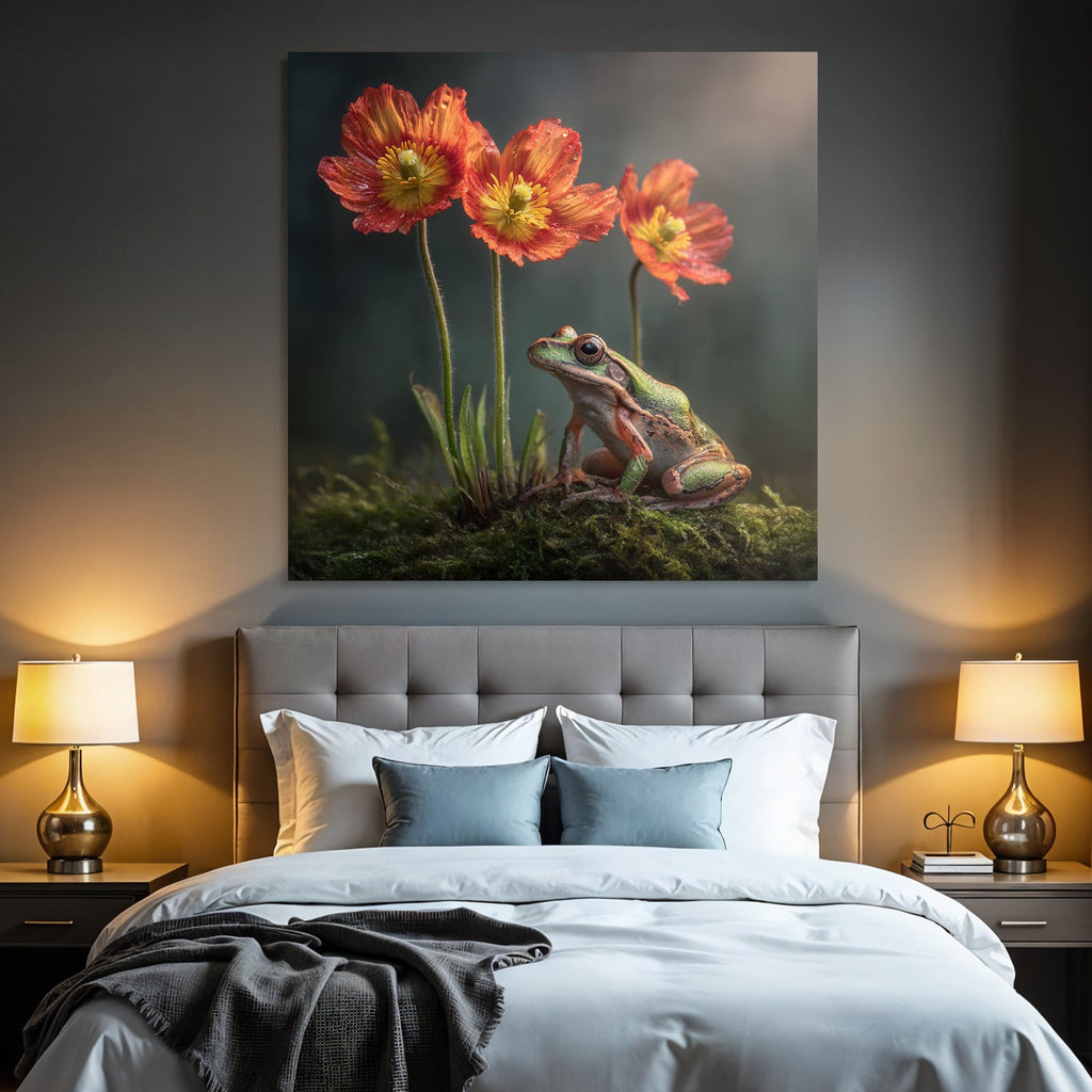 Frosch Auf Moos Neben Rot Gelben Blumen Mit Wassertropfen