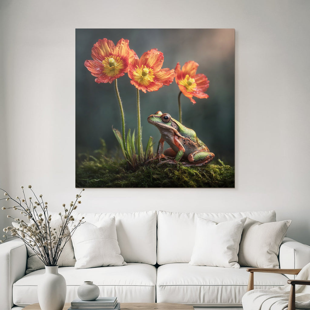 Frosch Auf Moos Neben Rot Gelben Blumen Mit Wassertropfen