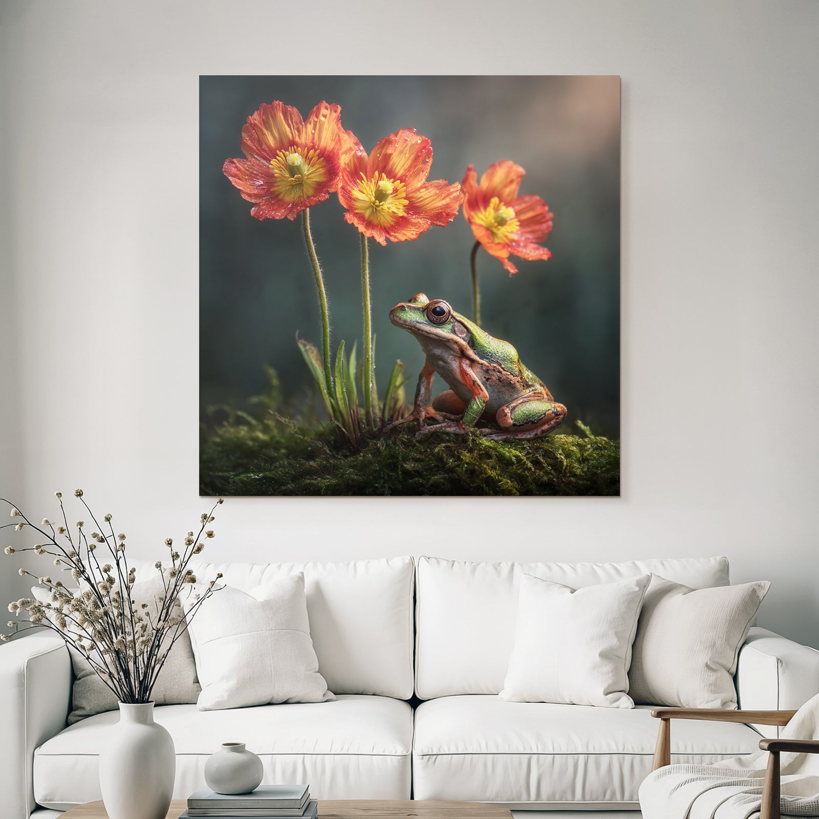 Frosch Auf Moos Neben Rot Gelben Blumen Mit Wassertropfen