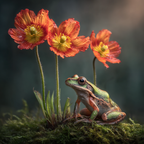 Frosch Auf Moos Neben Rot Gelben Blumen Mit Wassertropfen | Insekten und Amphibien | Tiere